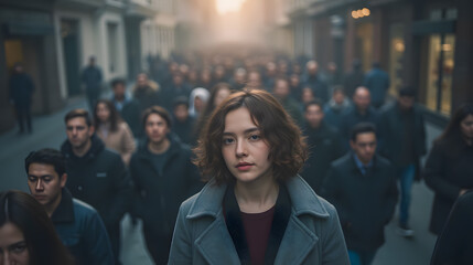 Fototapeta premium Woman Walking Through a Busy Street Surrounded by a Crowd in a City with Soft Light Creating a Dreamlike Atmosphere