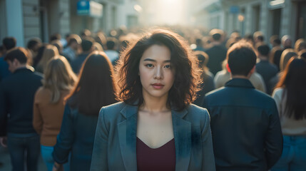 Obraz premium A Confident Young Woman Stands Out in a Crowded Street Scene with Urban Vibe and Warm Lighting at Dusk or Dawn