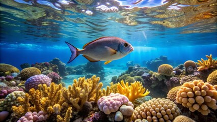 Fototapeta premium Vibrant Underwater Scene with Colorful Corals and Tropical Fish