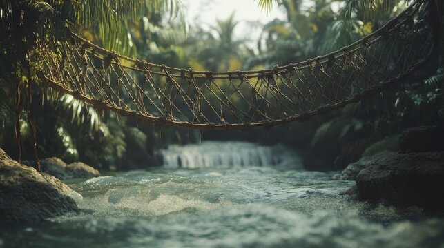 A lush jungle surrounds a rustic rope bridge arching over a rushing river, evoking adventure and the thrill of exploring untamed landscapes.