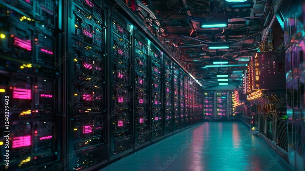 Aufkleber futuristic data center corridor with illuminated server racks in vibrant colors and high-tech atmosp