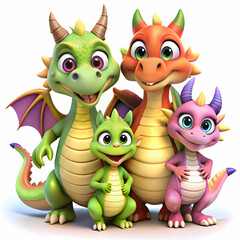 Obraz premium Adorable 3D Cartoon Dragon Family Clipart for Sublimation