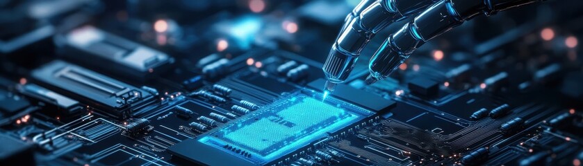 High precision robotic arm expertly placing a microchip in a modern tech environment.