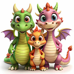 Naklejka premium Adorable 3D Cartoon Dragon Family Clipart for Sublimation