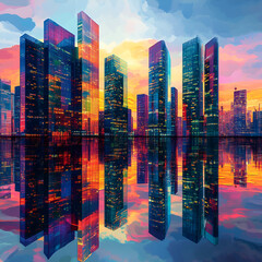 Cityscape Reflections: A vibrant cityscape comes alive with a stunning sunset casting its colorful glow on the modern high-rise buildings, whose reflections shimmer on the water.