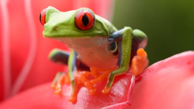 Red-eyed tree Frog, starring at the camera and jumping out of the frame in Costa Rica