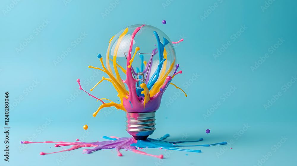 Poster colorful explosion of paint splashing around light bulb on bright blue background creating artistic 