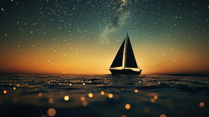 A lone sailboat floats under a starry sky, with twilight hues blending with cosmic wonders, creating a magical seafaring scene.