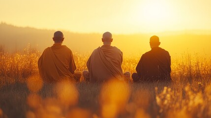 Monks sit quietly in a sunlit meadow, their serene silhouettes bathed in golden morning light, symbolizing unity and spiritual harmony.