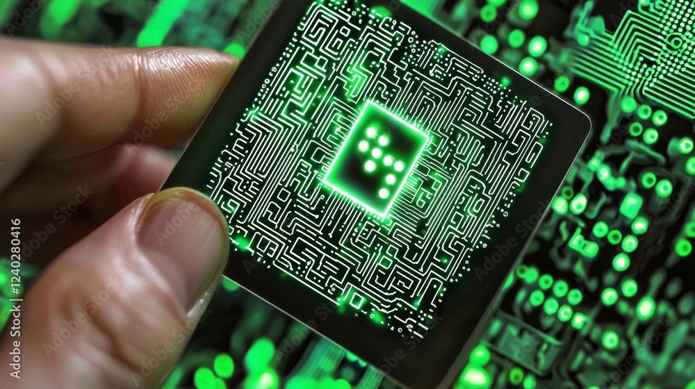 Poster glowing green microchip in hand over digital circuit background showcasing advanced technology and i