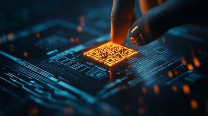 Hand Touching Glowing QR Code on Electronic Circuit Board with Futuristic Technology and Digital Interface