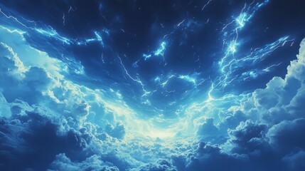 Obraz premium Majestic clouds part as vibrant lightning dances across the sky, casting a breathtaking, electrifying spectacle.