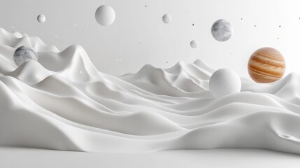 Cosmic landscape shimmering planets and moons rendered on white