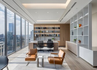 Modern Executive Office With City View And Built In Shelving