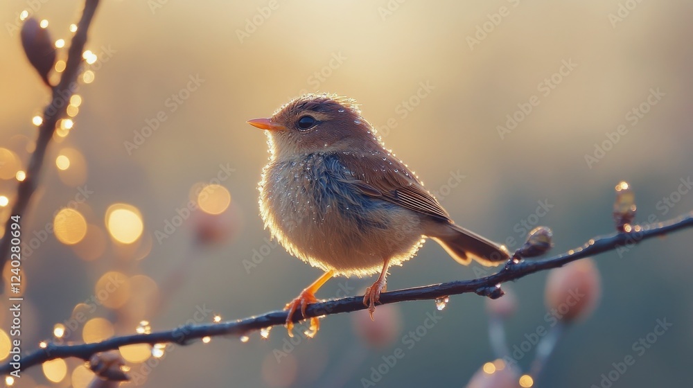 Poster small bird perched on a branch with sparkling dew in a soft golden light at dawn