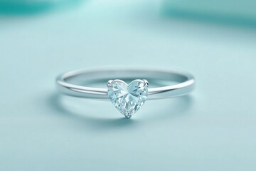 Silver ring with a heart-shaped diamond gemstone on a soft turquoise background. Elegance and romantic proposal concept