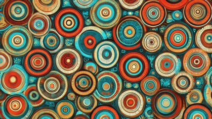 Abstract Circular Pattern in Teal, Orange, and Beige.