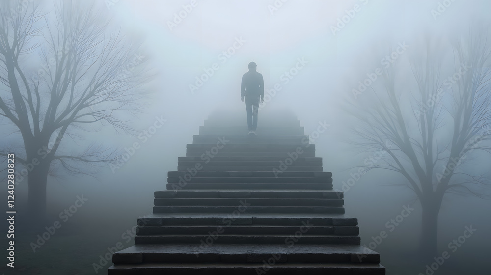 Poster mysterious figure walking up stone steps in foggy landscape with barren trees creating an eerie and 