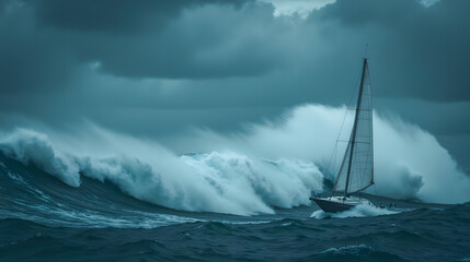 Majestic Sailing Adventure on Open Sea with Dramatic Waves and Overcast Sky Capturing the Power of Nature
