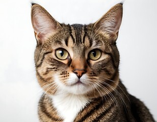 Fototapeta premium closeup of cat with cute happy smile angry face in plain white background