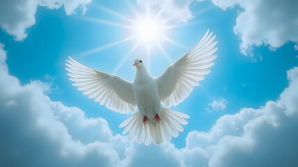 Fototapeta premium Majestic White Dove in Flight Against a Bright Sky Surrounded by Fluffy Clouds and Radiant Sunlight