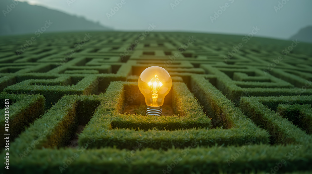 Poster illuminated light bulb centered in a green maze landscape symbolizing ideas and guidance amidst comp