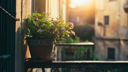 Fototapeta premium A quaint potted plant bathes in warm morning light on a rustic balcony, casting soft shadows and enhancing a serene urban dawn.