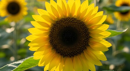 Obraz premium Close-up of a sunflower with golden petals and a rich brown center, surrounded by green leaves, bathed in warm sunlight