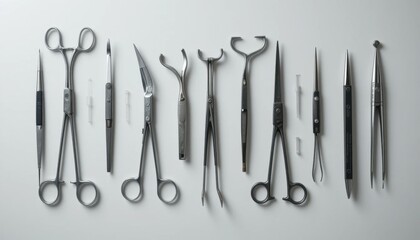 a minimalist display combining old-fashioned and modern surgical instruments for a vintage-modern contrast