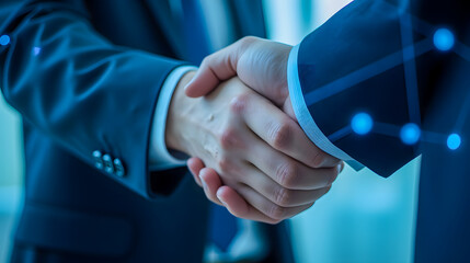 Professional business handshake symbolizing partnership and collaboration in a modern corporate environment with technology background