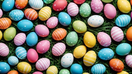 Fototapeta premium Vibrant Easter eggs with diverse patterns scattered on green grass
