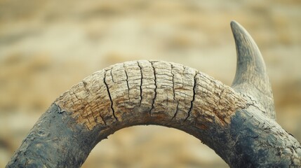 Naklejka premium A single, weathered horn worn with time points skyward, against a blurred earthy background, evoking resilience.