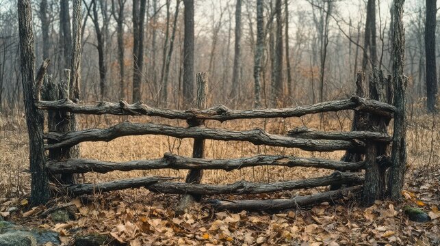 A weathered wooden fence stands amidst a leaf-strewn forest floor, embodying rustic charm and delineating a natural boundary in the misty woods. - Powered by Adobe