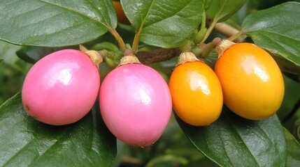Vibrant Pink and Orange Fruits on Green Leaves Closeup