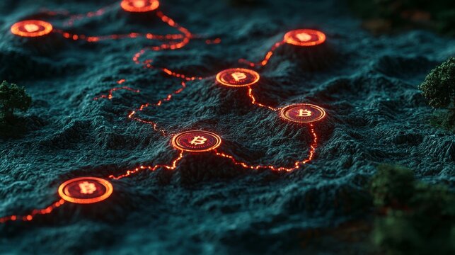 Digital Representation of Bitcoin Network with Nodes and Glowing Connections on a 3D Terrain