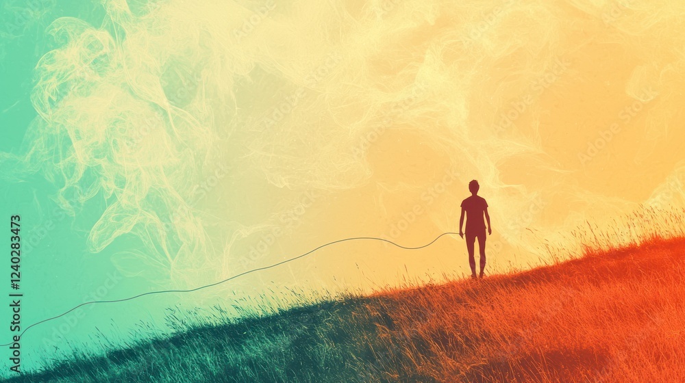 Aufkleber an abstract image of a person standing on a hill, letting go of a string that drifts into the wind, 