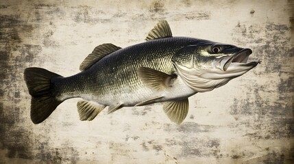 Largemouth Bass Fish on Grunge Background Vintage Style Illustration