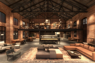 Loft apartment interior design, evening lighting, brick walls, open plan