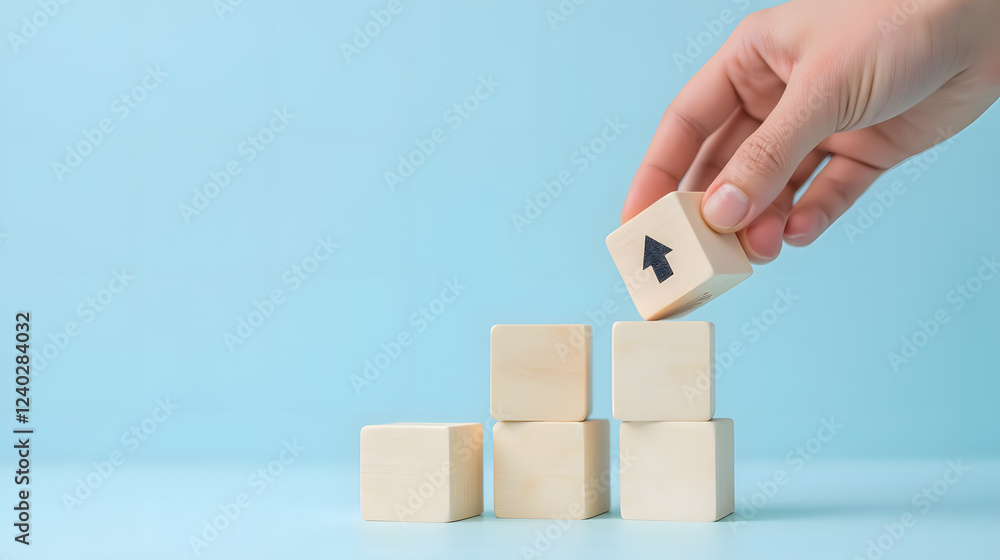 Aufkleber hand placing wooden block with arrow on top of stacked blocks representing growth and progress in bu