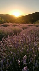Obraz premium Sunlight shining through lavender fields during golden hour near a serene landscape