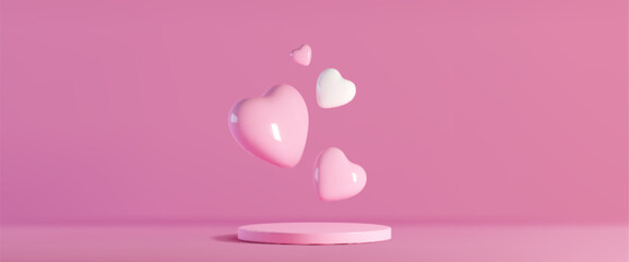 Love concept podium mockup with floating pink heart shapes, white glossy valentines emblem on rose background. Romantic minimal display platform for holiday presentation or wedding decoration design.