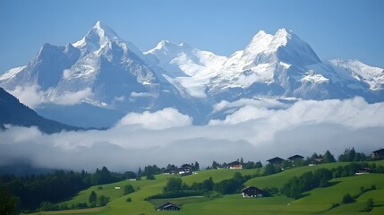 Obraz premium Majestic Snow-Capped Alps Mountain Range Overlooking Lush Green Valley