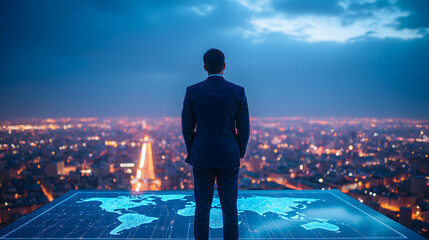 Businessman in Suit Standing on Roof Overlooking City with Digital World Map at Twilight, Emphasizing Global Connections and Opportunities