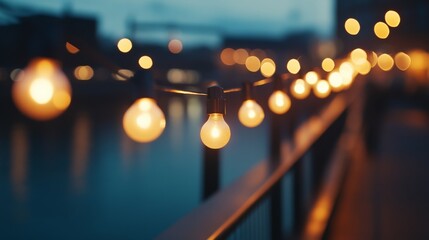 Soft bokeh lights strung over a blurred evening cityscape create a warm and inviting atmosphere.