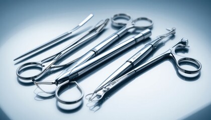 a modern surgical instrument set artistically arranged on a reflective surface to emphasize clean lines