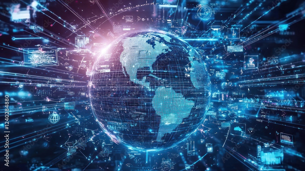 Aufkleber an abstract representation of global innovation with a futuristic globe surrounded by digital lines 