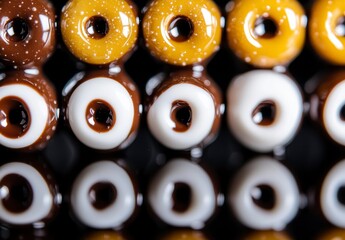 Fototapeta premium Colorful Donuts with Glaze and Reflection on Black Surface