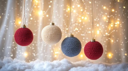 A crochet Christmas ornament set, hung against a snowy white backdrop with sparkling lights for a festive touch.