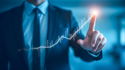 Businessman in Suit Touching Data Graph with Growing Trend and Digital Elements in Modern Office Environment for Financial Success Concept