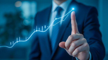 Businessman in Suit Pointing to Growth Chart with Digital Graph, Financial Success Concept, Data Visualization and Investment Strategy